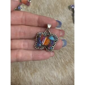 Native American SW Sterling Silver Pink Dahlia Turquoise Cow Bull Steer Pendant